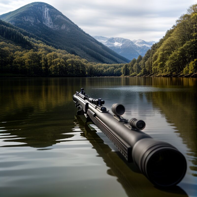 Tranquil Lakefront with Precision Rifle A sniper rifle resting on the calm surface of a serene lake surrounded by forested mountains.