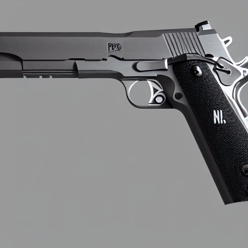 Sleek Handgun Design Side view of a modern handgun with textured grip and visible brand markings