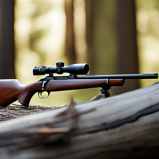 Hunting Rifle Resting on Log in Forest A scoped hunting rifle laid across a fallen log in a woodland setting.